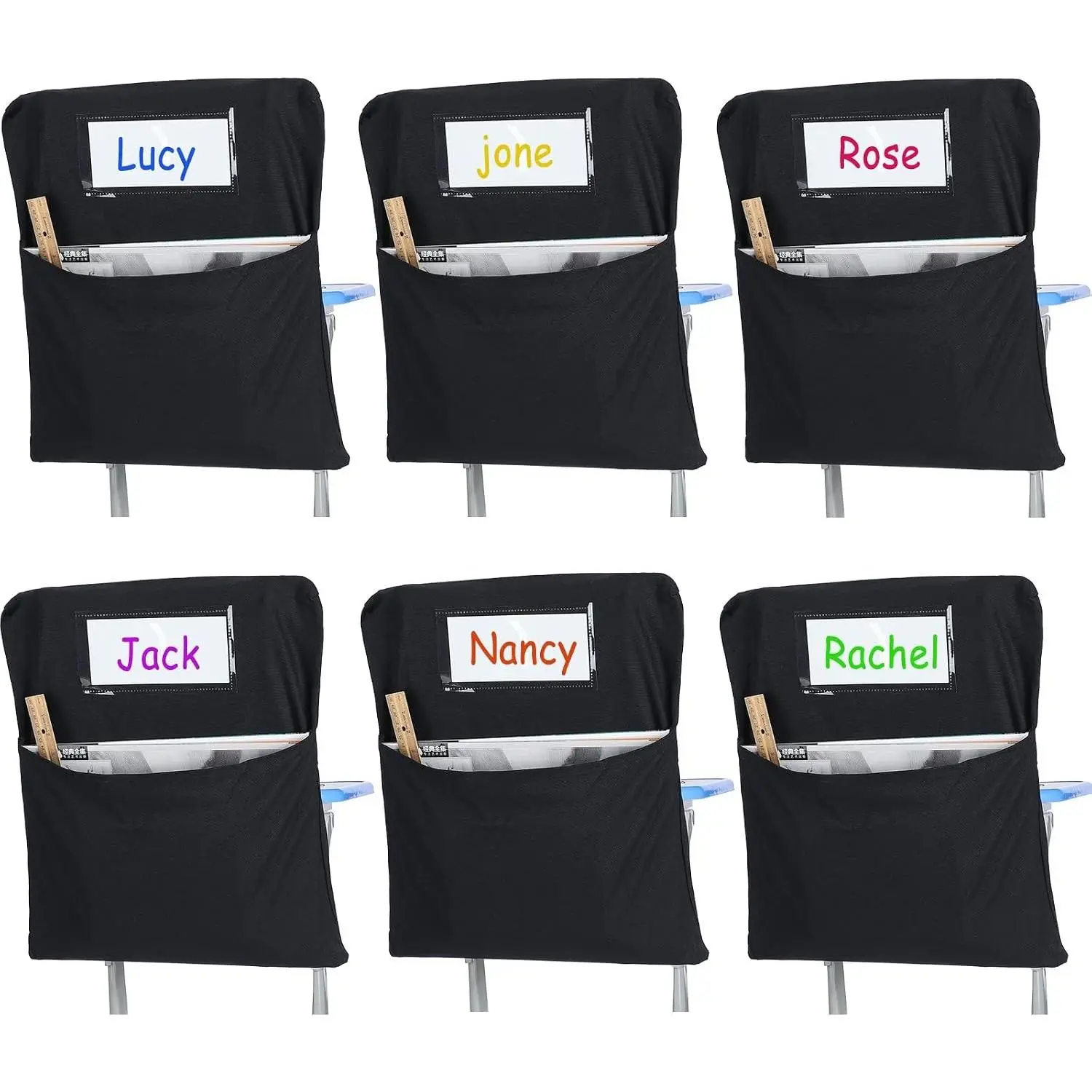6 Pack 17 Inch Chairback Chart Student Chair Pockets, Black | Chair Back Classroom Organizer, with Name Tag, Chairback Storage Bags, Desk Organizer for Keeping Book Table Desk Organized