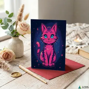 1PC Greeting Card and 1PC Envelope Multi-functional Greeting Card and Gift Card Pink Cosmic Cat Cartoon Print Suitable for Friends Family Holiday Parties Daily Use All Seasons