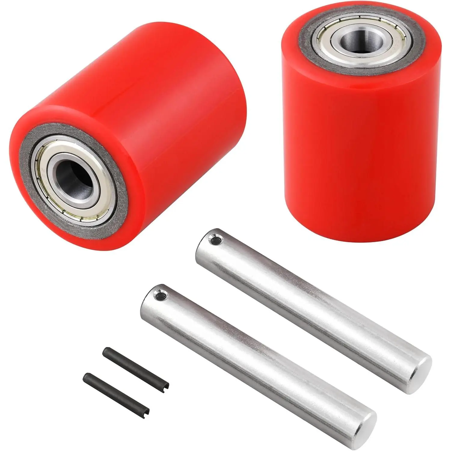 A Pair of Pallet Jack/Truck Wheels 3 x 3.75" (74.5 x 93mm) with Pre-Installed Bearings, 20mm ID PU Tread - Includes Axles and Pins by