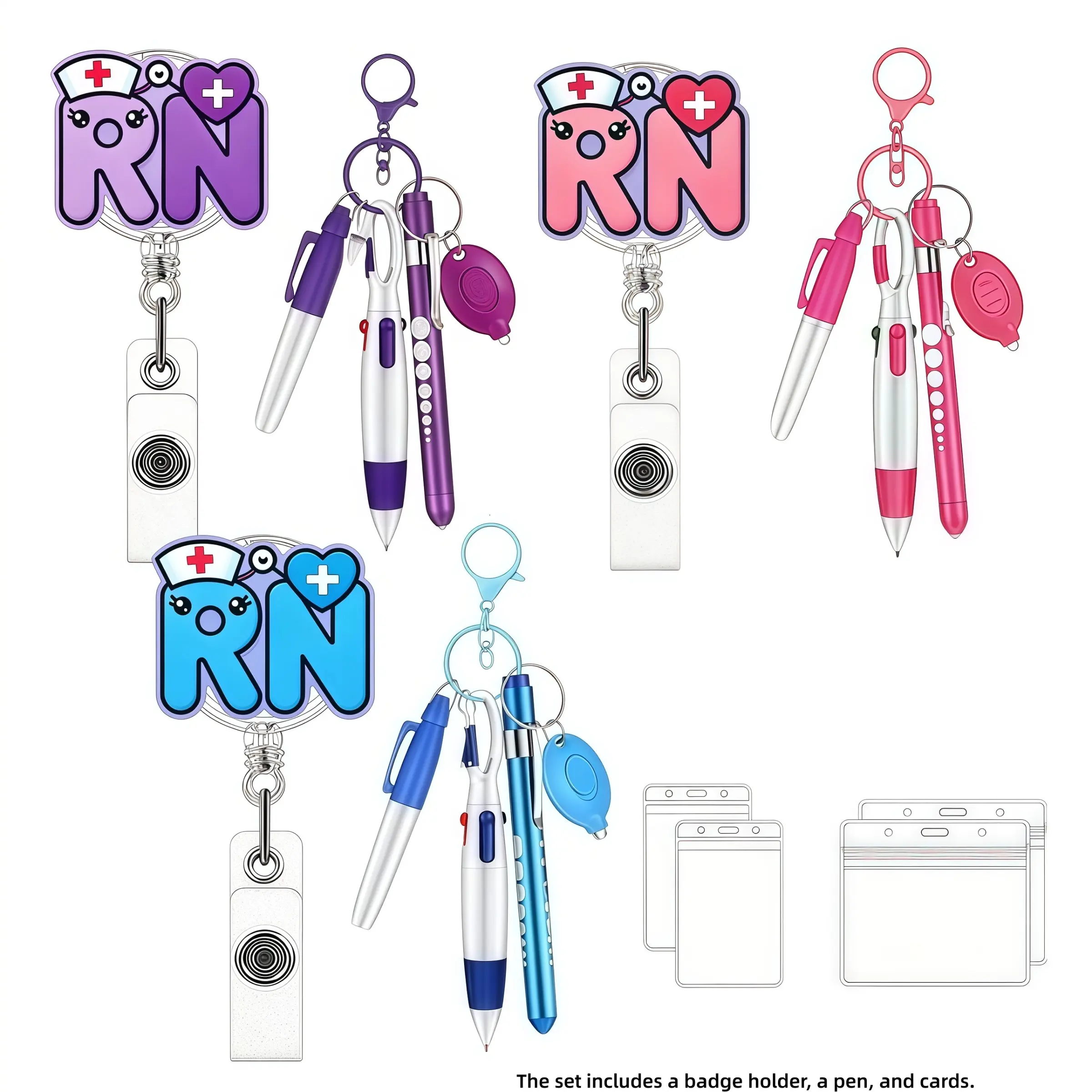 Cute Nurse Rn Heart Cross Badge Clip, Keychain Ballpoint Pen, Eld Light, ID Card Clip, Ideal Work Accessory and Gift for Nurses