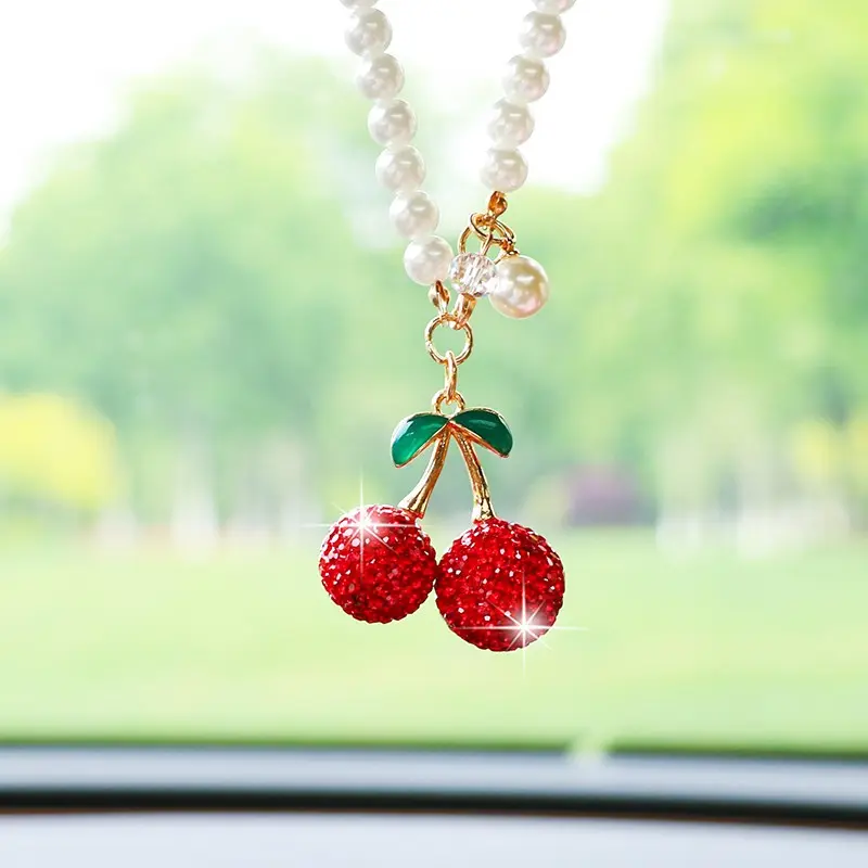 Cute Full-Diamond Cherry Car Rearview Mirror Hanging Ornament, Creative Fruit Design, Fashionable Car Interior Decor, Stylish Automotive Accessory, Car Accessories Cute, Car Decorations Interior