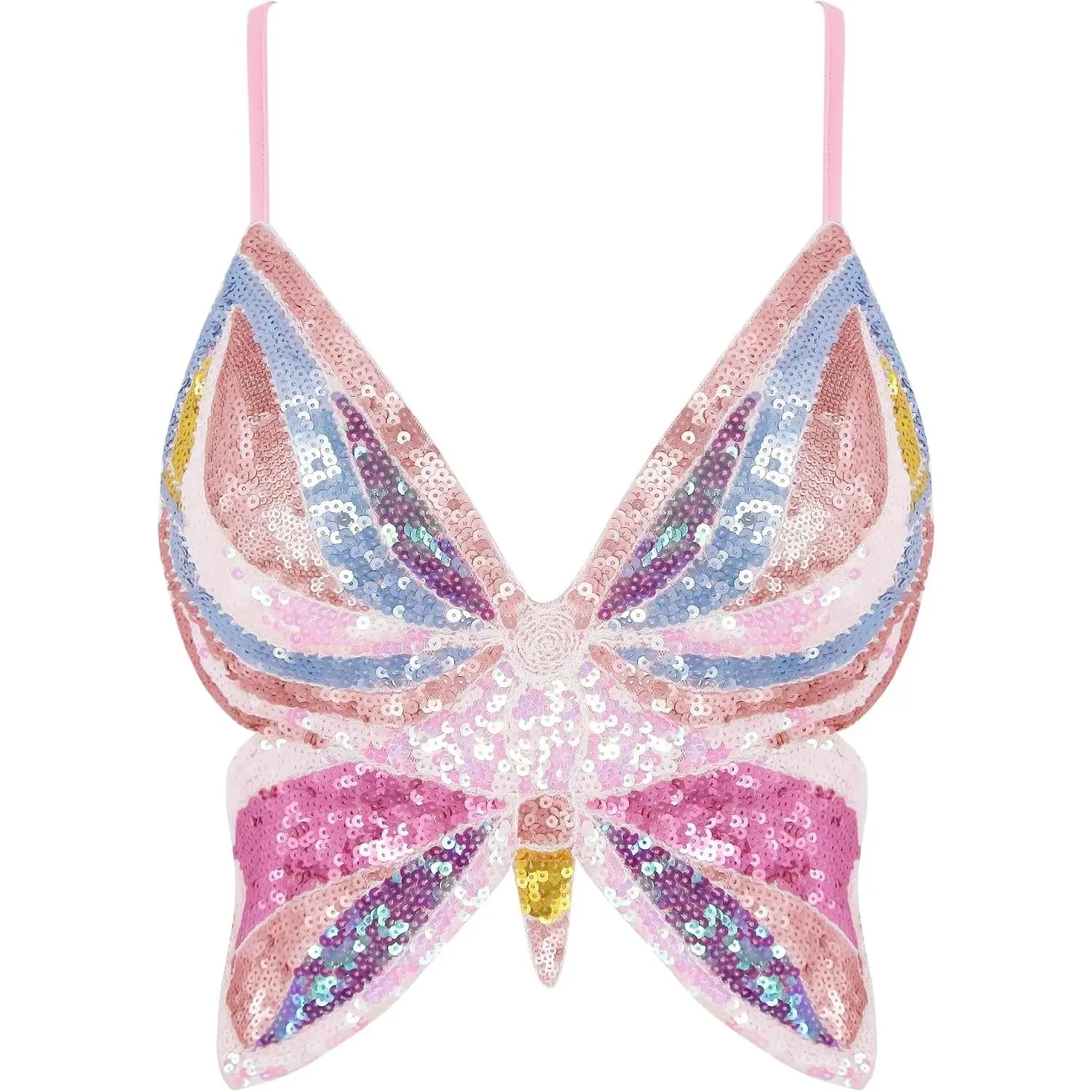 Womens Glitter Sequin Butterfly Crop Top Low-Cut Tank Top Rave Tube Vest Top for Belly Dance Costume Outfits