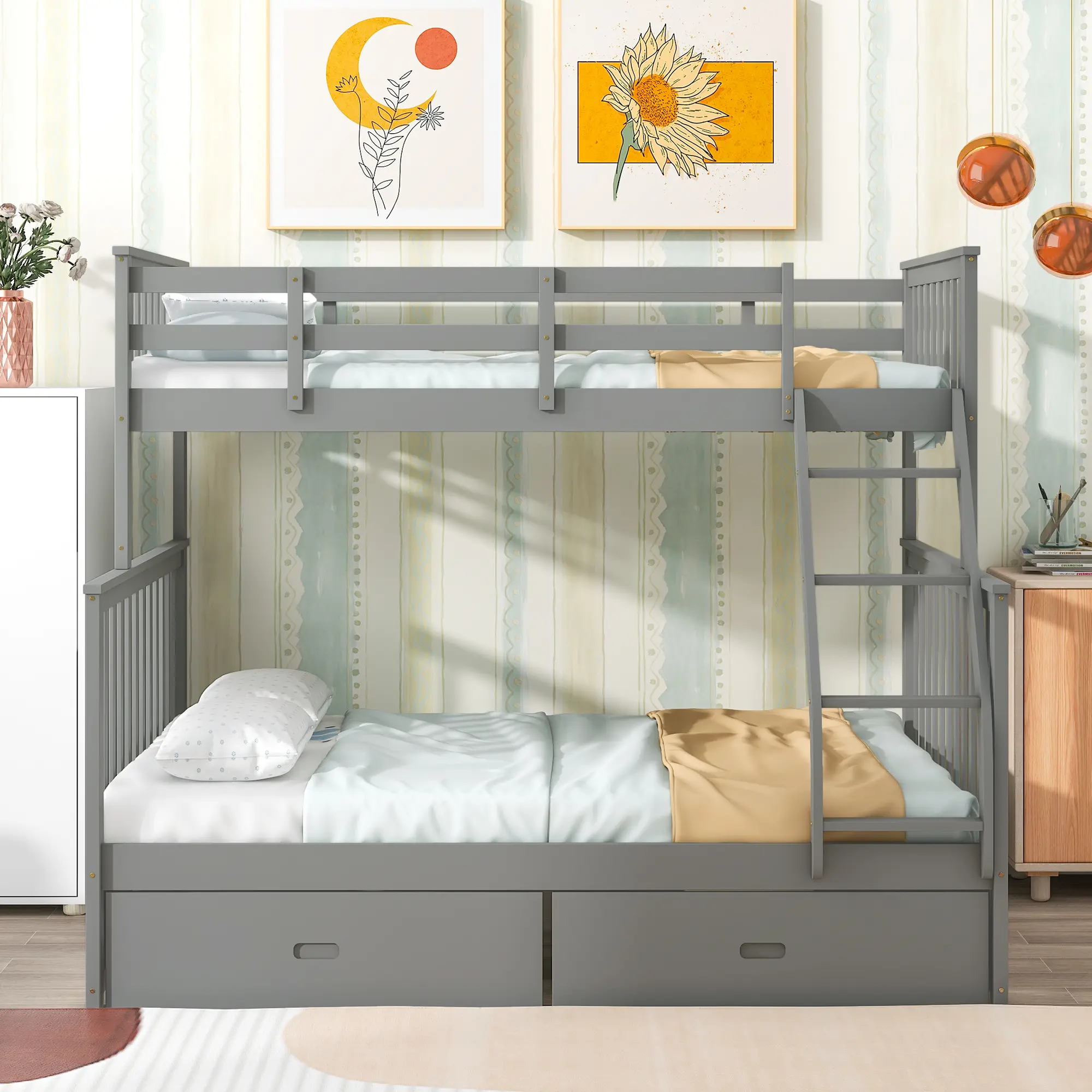 ARCH Twin Over Full Bunk Bed with Storage Drawers, Wooden Bunk Bed with Ladder and Safety Guard Rails, Gray Finish, Space-Saving Kids Bedroom Furniture, Heavy Duty Frame, Easy Assembly, 2-Tier Bed for Children, Guest Room, Dormitory