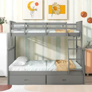 ARCH Twin Over Full Bunk Bed with Storage Drawers, Wooden Bunk Bed with Ladder and Safety Guard Rails, Gray Finish, Space-Saving Kids Bedroom Furniture, Heavy Duty Frame, Easy Assembly, 2-Tier Bed for Children, Guest Room, Dormitory