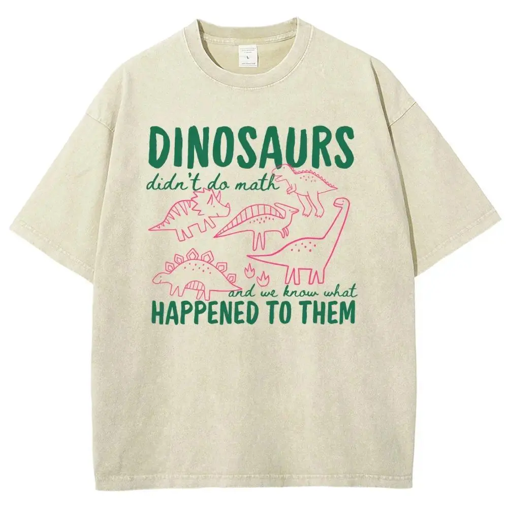 Funny Math Teacher Graphic T-Shirt - 'Dinosaurs Didn't Do Math' Retro Washed Oversized Unisex Casual Tee
