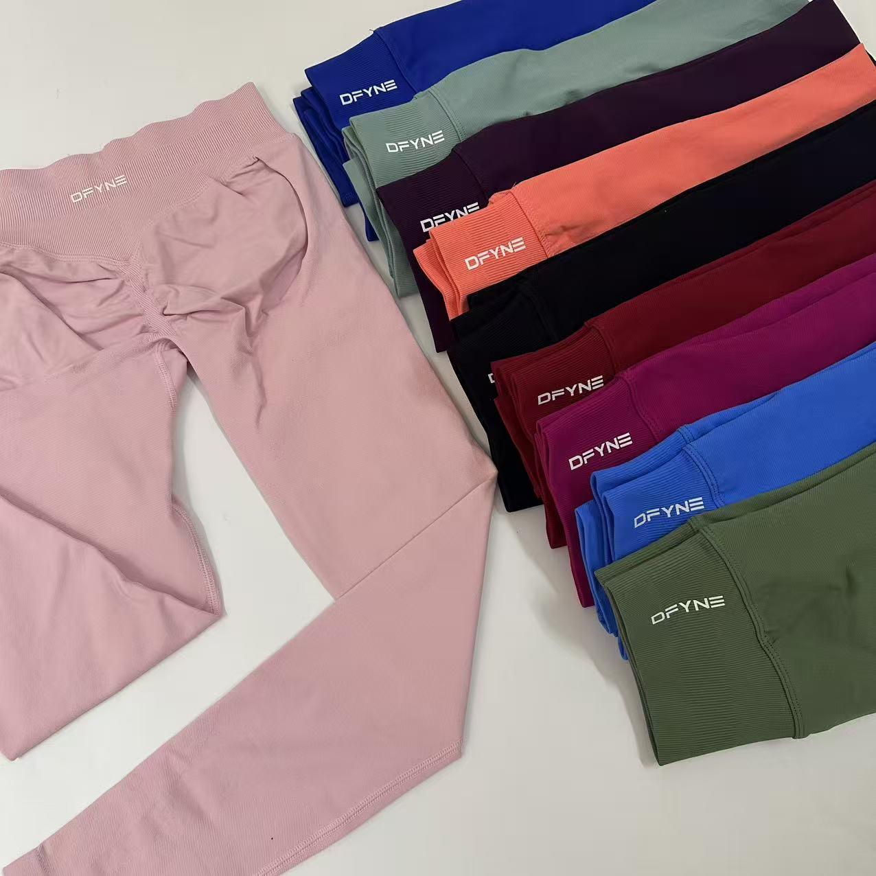 DFYNE Leggings Women Low Ribbed Band Scrunch Bum Seamless Yoga Pants Gym Leggings Fitness Sweat Wicking Stretch Workout Tights