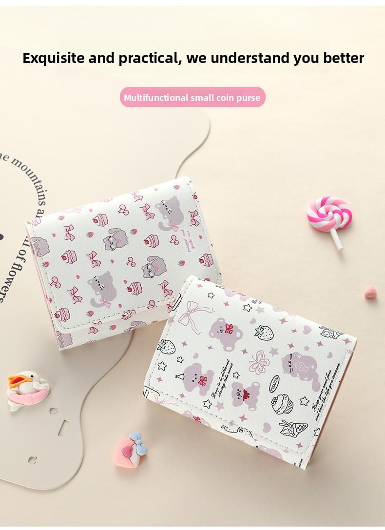 Strawberry Bear Print Wallet for Women Cute 3-Fold Short PU Leather Purse with Card Slots ID Window Portable Coin Purse for Everyday Carry