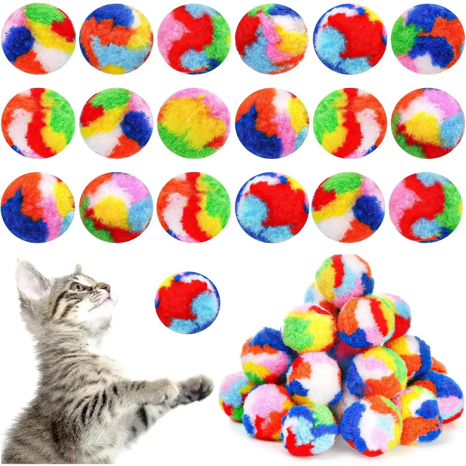 60 count  Pom Pom Balls, 1.7Inch Rainbow   Balls, Soft Plush  Ball Fuzzy Kitty Balls Colorful Kitten Puff Ball for  Kitten Interactive Playing Exercising Chasing