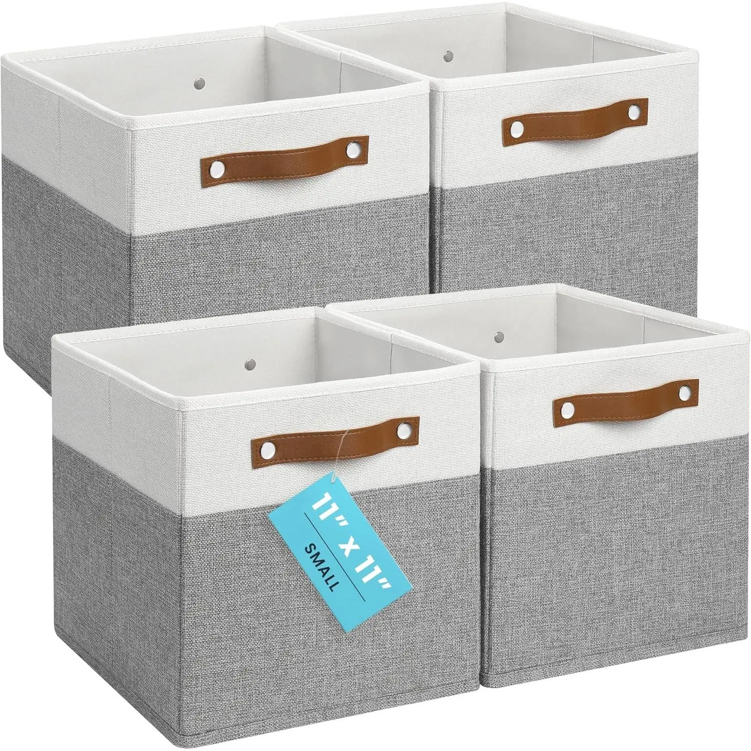 11" x 11" x 11" Fabric Cube Storage Bins Set of 4, Foldable Collapsible Canvas Storage Bins for Organization, 11 inch Cubbies Organizer for Kallax, Linen Cube Shelf Baskets - Grey/White