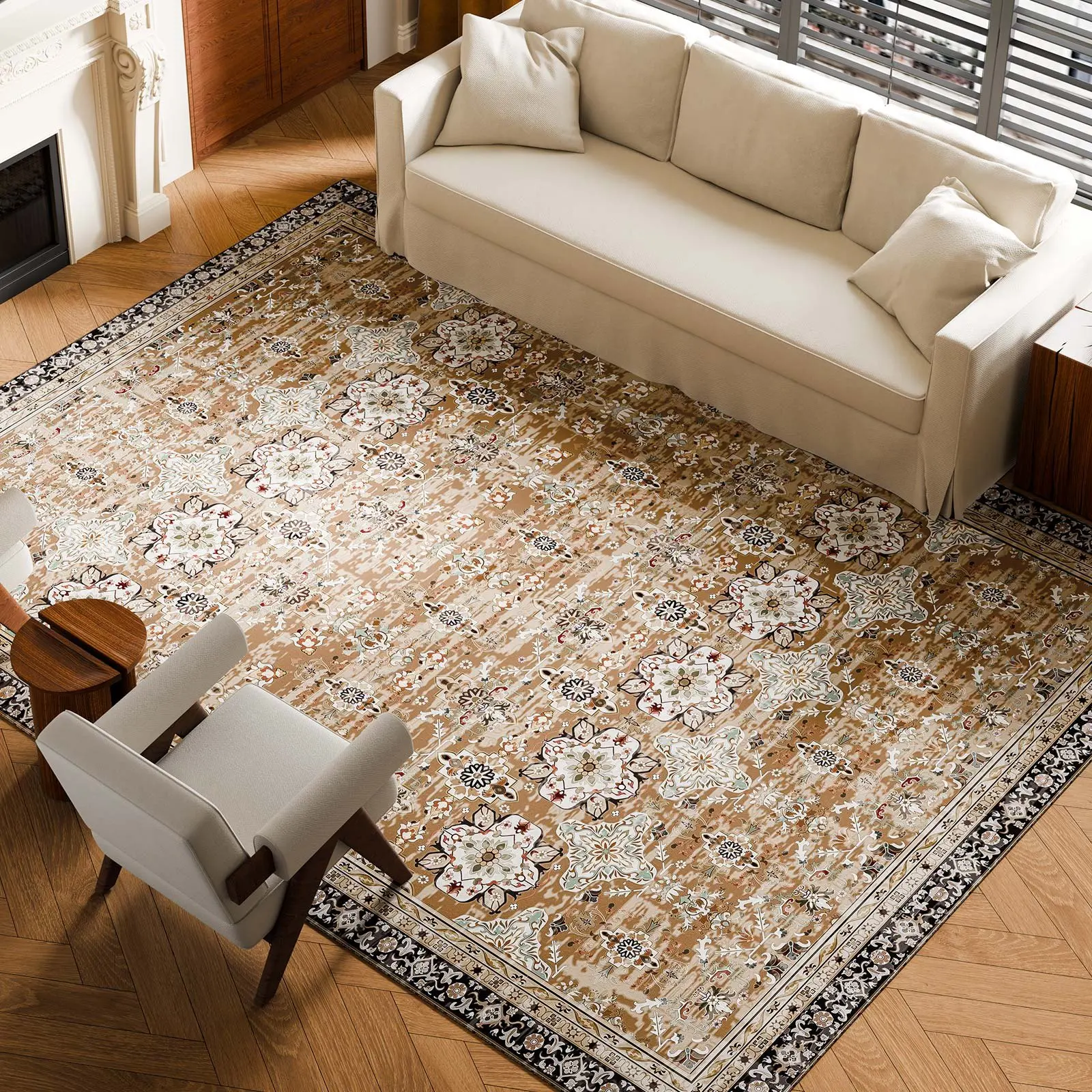 【Summerfinds】VEVOR Area Rug, 9x 12 ft Large Washable Rug, Non-Slip and Tear-Resistant Soft Carpet, Pet Child Friendly Vintage Area Rugs, Indoor Mat for Bedroom, Living Room, Kids Room, Office, Brown Green