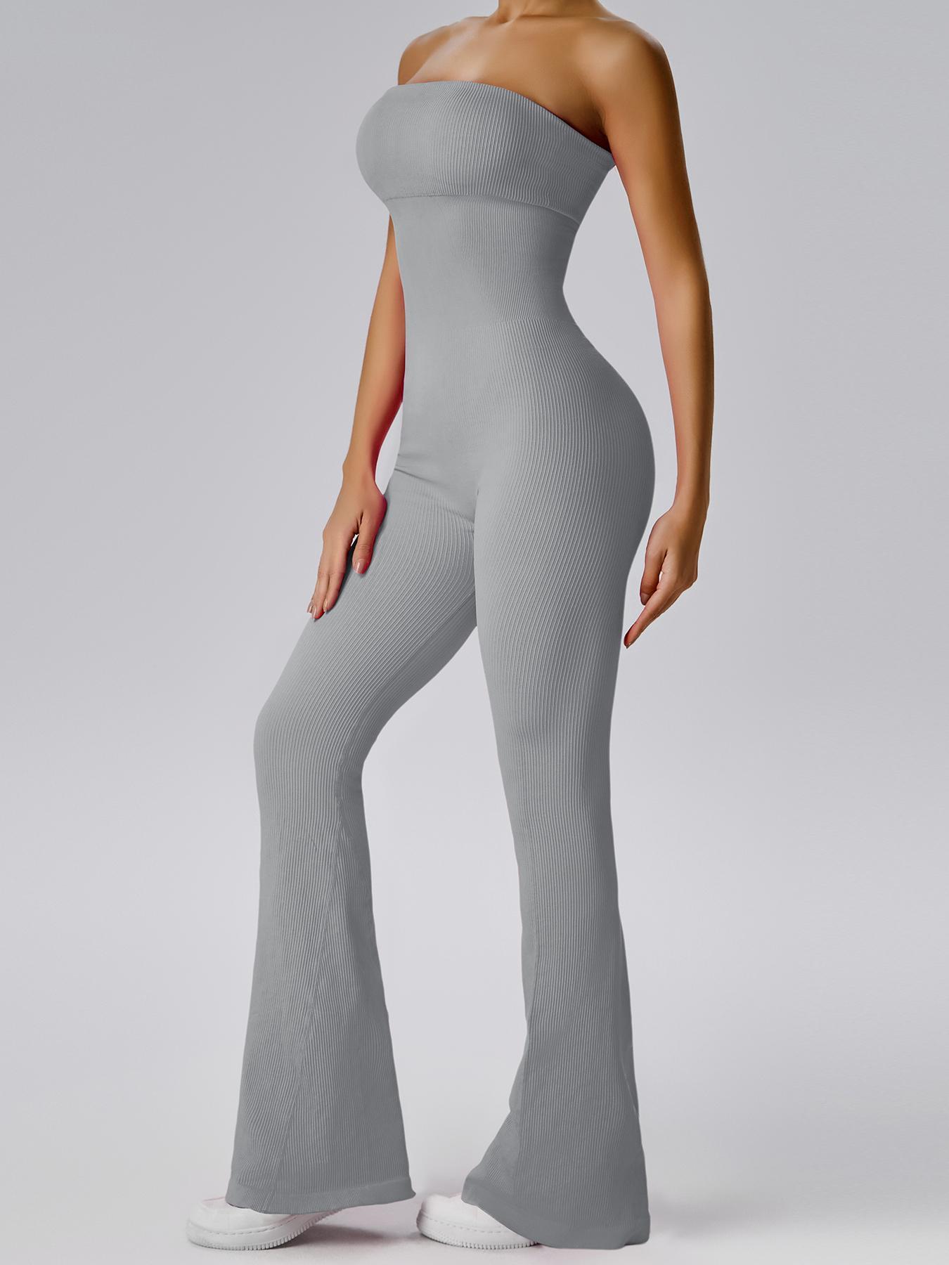 Women's Sexy Yoga Ribbed One Piece Tube Jumpsuit Rompers Flared Trousers Tights Push-up Sports Bodysuit Women Fitness Suit Workout Sportswear Gym Sportswear Jumpsuits