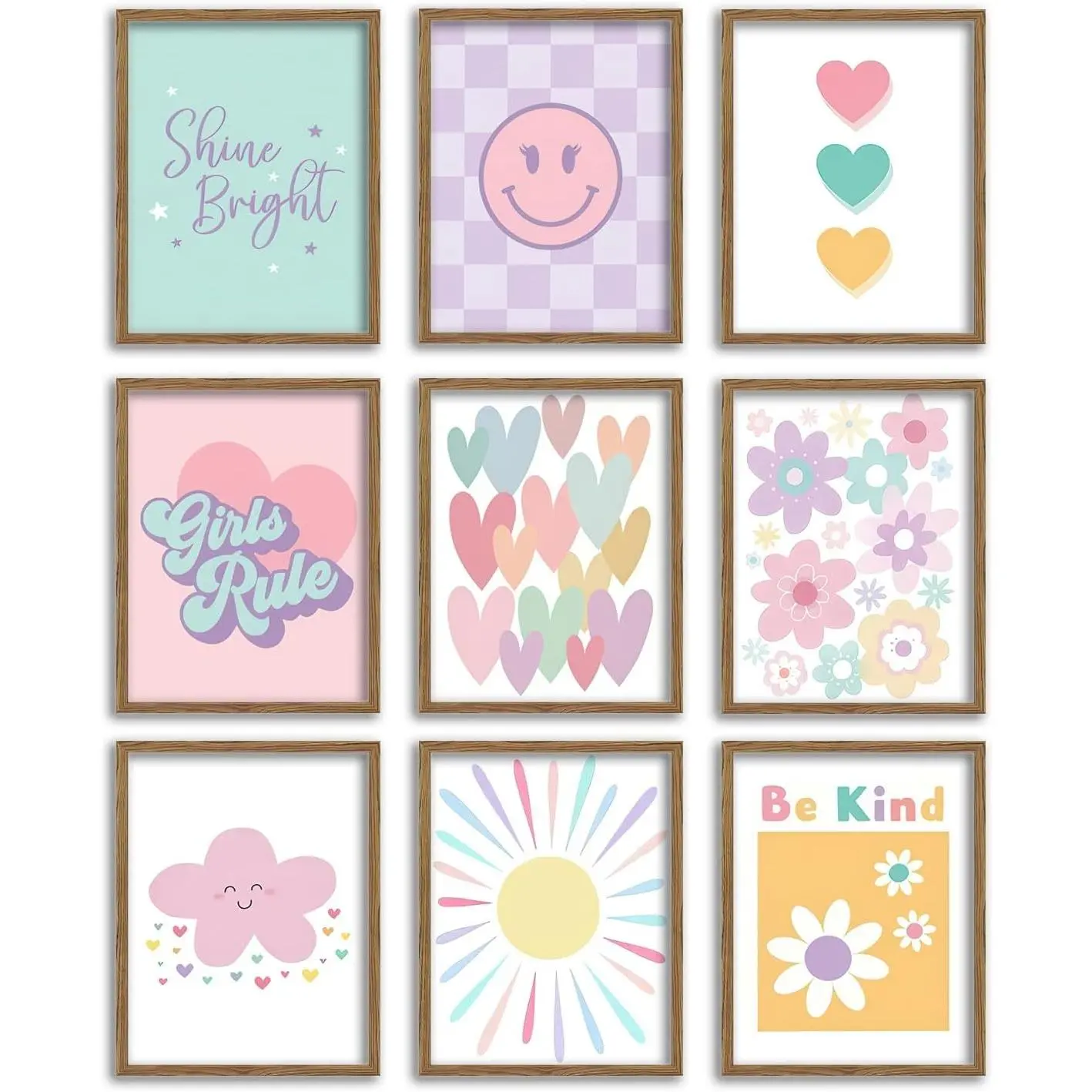 9 Pcs Girls Room Wall Art Set, Pink Pastel Kids Canvas Posters with Hearts Smile Flowers, Cute Inspirational Nursery Decor for Baby Toddler Teen Girl Bedroom Playroom 8x10 Inch Unframed