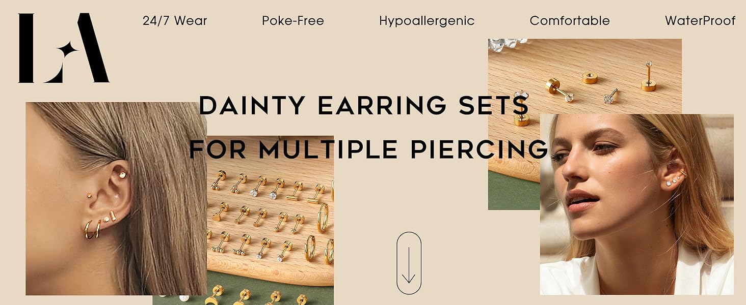 Stylish Small Hypoallergenic Flat Back Stud Earrings for Women Men 14K Gold Plated Surgical Stainless Steel Earring Sets Tiny Screw Back Cartilage Earring