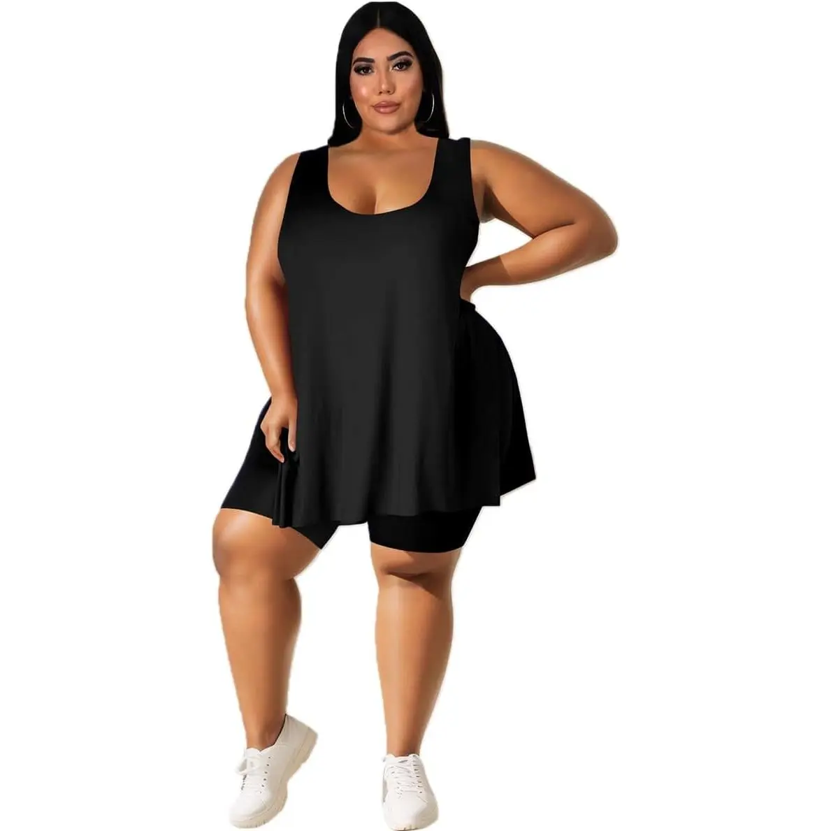 Women's Plus Size 2-Piece Athletic Sleeveless Tunic Top & Short Set - Sexy, Soft Fabric Garment, Oversized T-Shirt Style, Summer Casual Leggings Alternative Sweatsuit, Outdoor