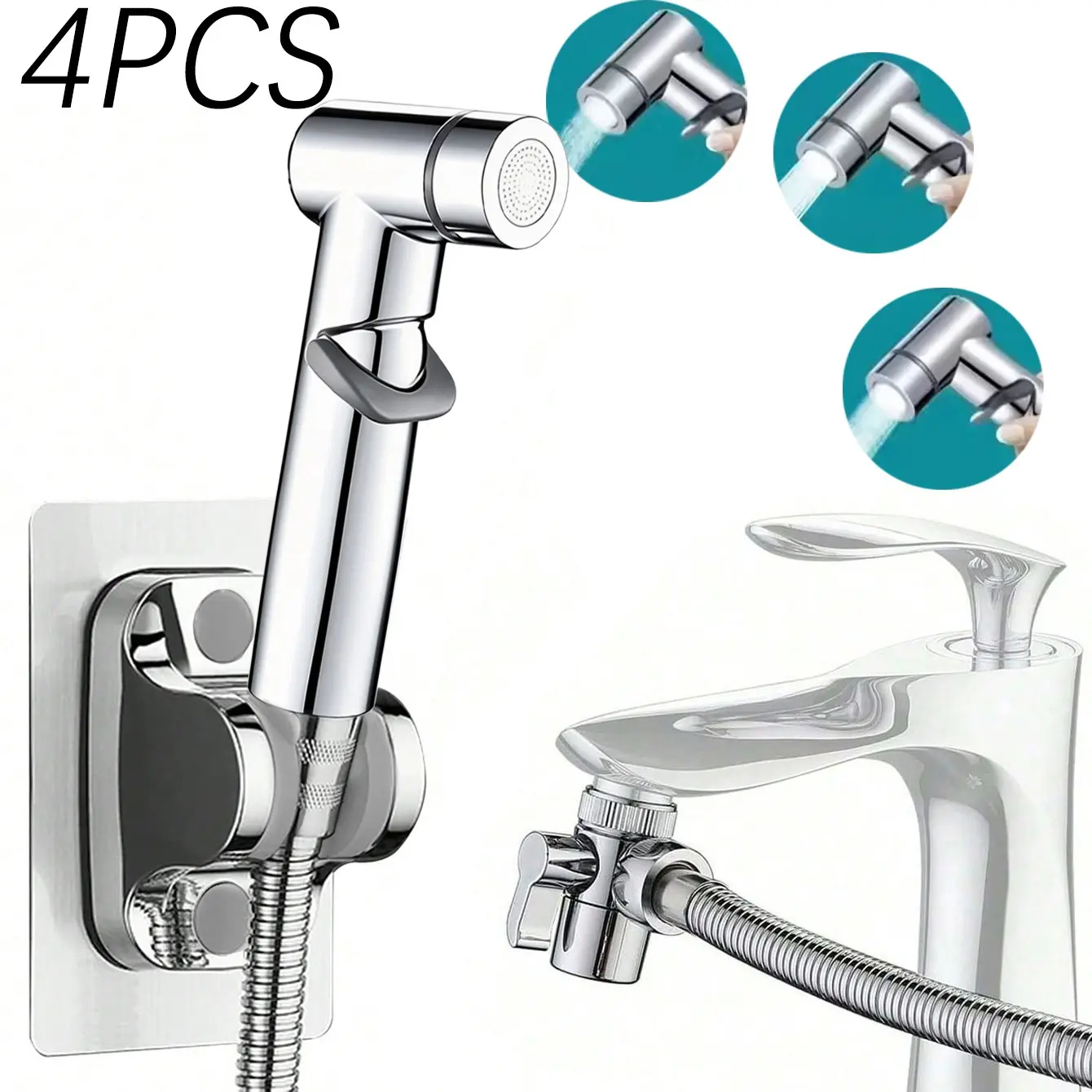 4-Piece Bidet Spray Head Set, Includes 1.5m Hose, T-Adapter, Wall-Mounted Base, Handheld Bathroom Cleaner, No Drilling Required