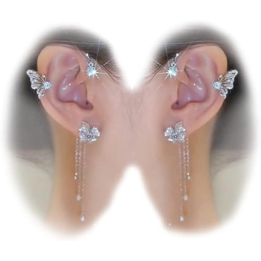 2Pcs Zircon Butterfly Ear Cuff Earrings for Women No Piercing Ear Clip Wrap Around Fake Earrings Crawler Rhinestone Wrap Earrings