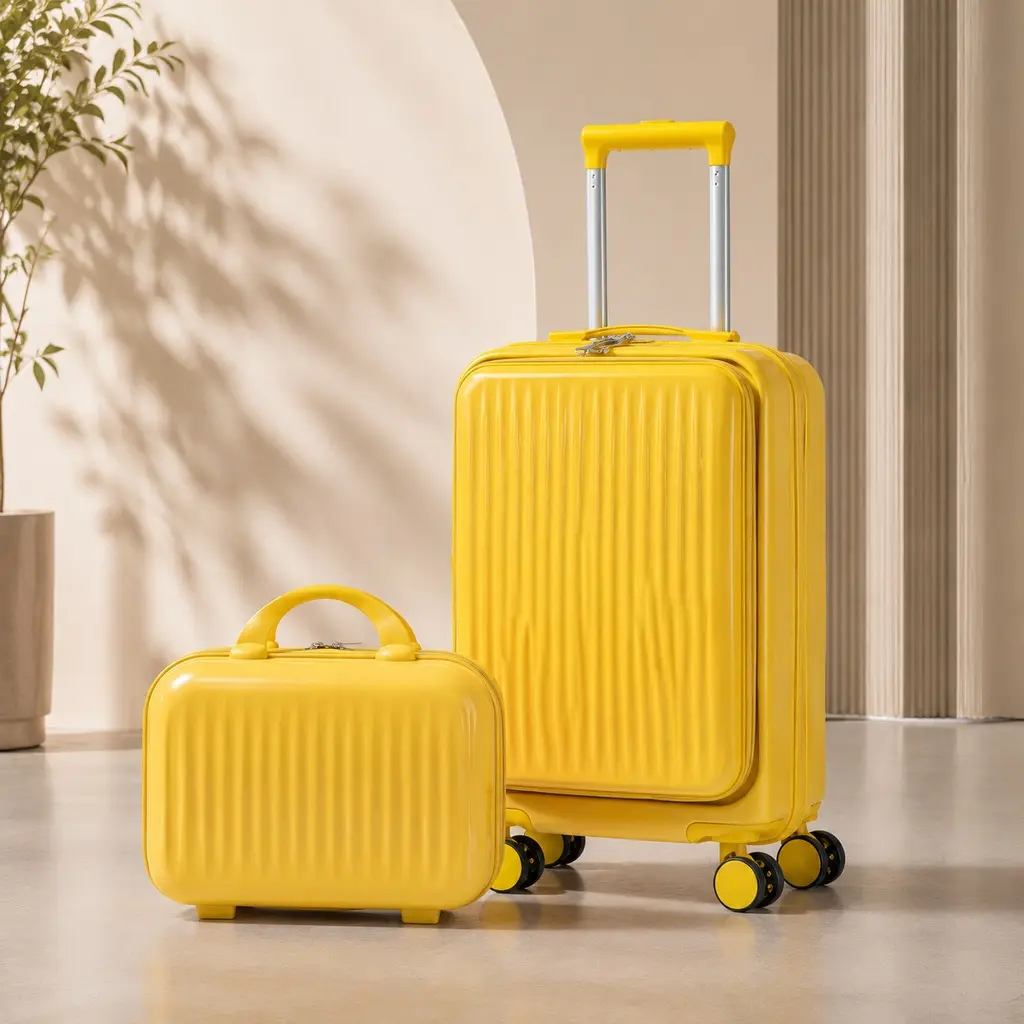 2-Piece Luggage Set - 14" & 20" ABS Spinner Carry On with TSA Lock, Front Opening, 14" Yellow Cosmetic Case Included