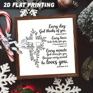 2D Flat, Wood Painting A, 2D Flat, 1pc Wooden Frame Inspirational Christian Wall Decor with Bible Verses - "God Is Thinking of You Every Day and Protecting You Every Hour... He Loves You" - Design, with Floral Cross and Scripture (Jeremiah 31:3)