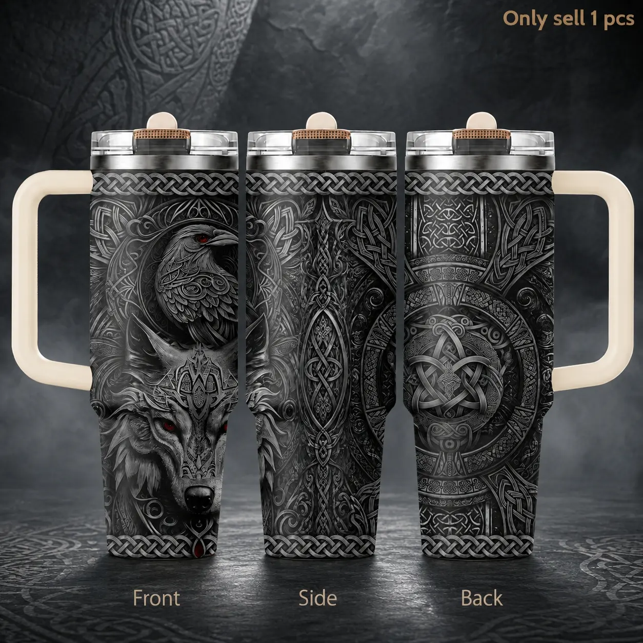 Celtic Wolf Raven Tribal 40oz 3rd Gen Vacuum Insulated Leakproof Stylish Tumbler with Handle & Straw Lid, Leak-Proof Stainless Steel Travel Mug for Water, Coffee, Gym, Office, Car Cup Holder, Durable Hot & Cold Drink Bottle Insulated Water Bottles