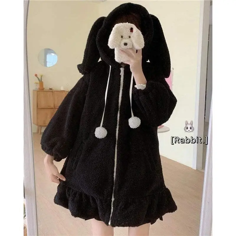 Anime Bunny Ear Hoodies For Women Sweet Lovely Fuzzy Fluffy Rabbit Sweater Tops Cosplay Jacket Coats Cute Kawaii Bunny Hoodie Jacket Coats for Women Fuzzy Fluffy Rabbit Hooded Sweatshirt Outwear