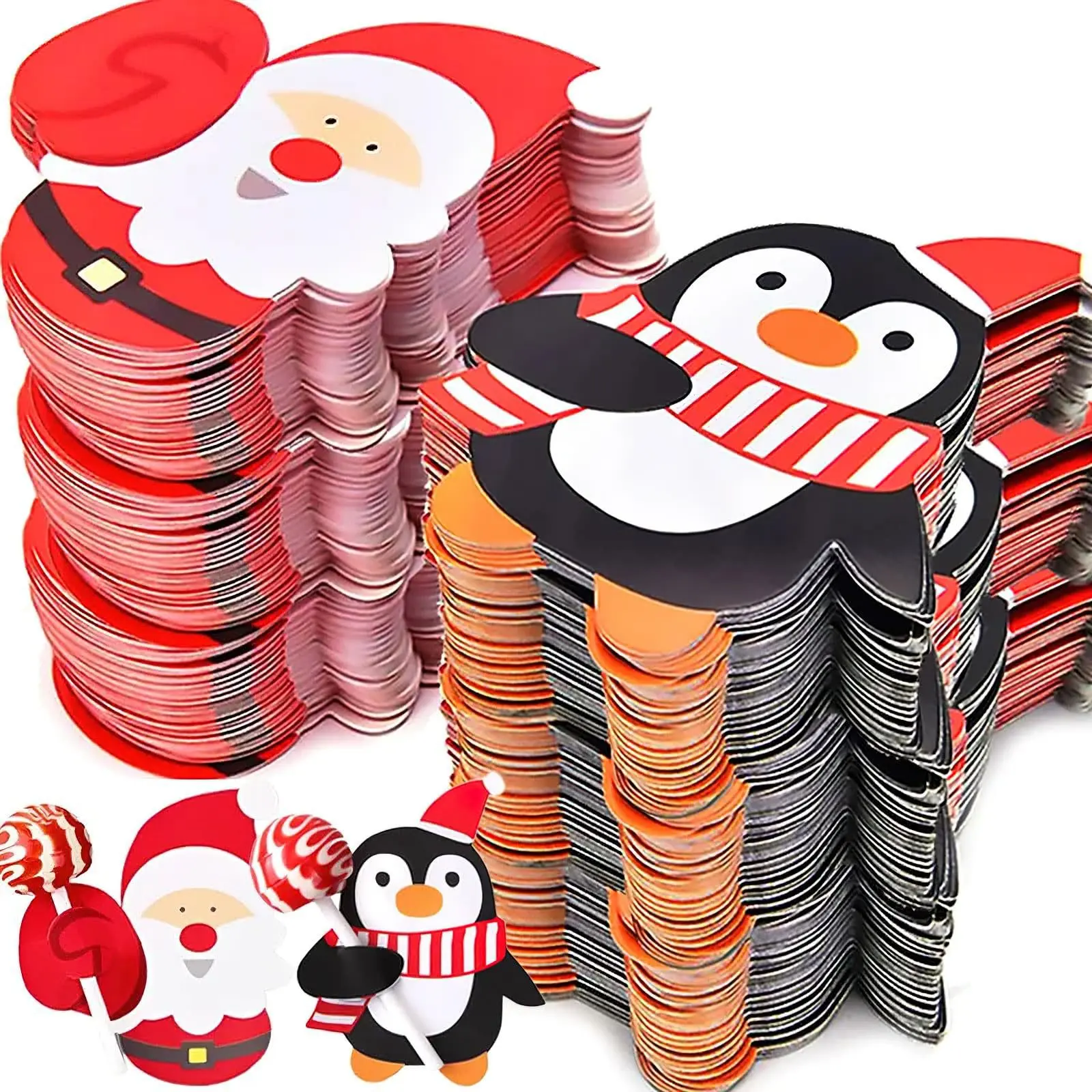 100/200pcs Santa Penguin Lollipop Paper Decor Cards Bulk Pack Cartoon Candy Wrapper Insert Tags for Winter Birthday Goodie Bags