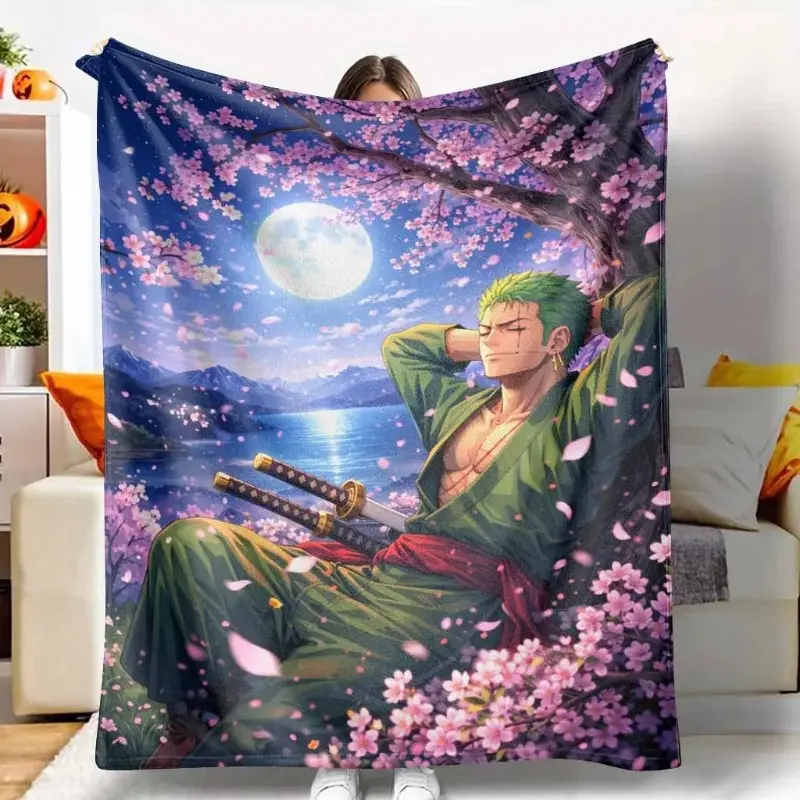 Samurai Moonlight Sakura Flannel Blanket Cherry Blossom Night Art Print Soft Warm Breathable Cozy Design Perfect For Bedroom Decor Sofa Throw Spring Gift Relaxing Outdoor Picnic Anime Lover Home Use Tiktokshopspringglowup, Flannel Cloth, One-Piece