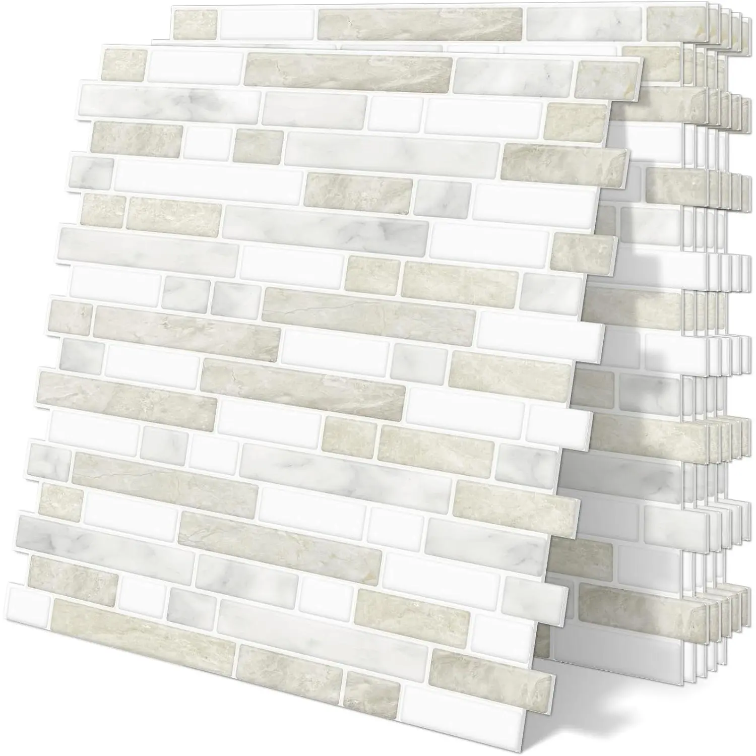 Synthetic 12"x12" Thick Flat Geometric Peel-and-Stick Indoor Backsplash Tiles, Self-Adhesive Beige White Marble Decor Sheet Pack for Renters, Easy-Remove Kitchen/Bathroom (10-Sheet)