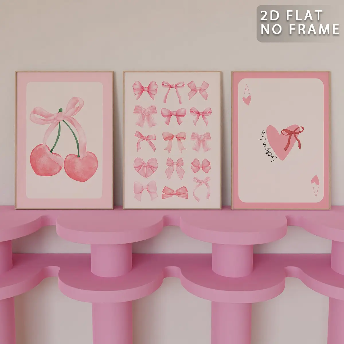 Cherry & Bow Pattern Floral Aesthetic Pattern Watercolor Floral Design Unframed Painting, 3 Counts/set Modern Wall Art Poster, Wall Art Decor for Home Living Room Bedroom Office Room Decor, Modern Home Decoration, Wall Picture Decor Decoration Items