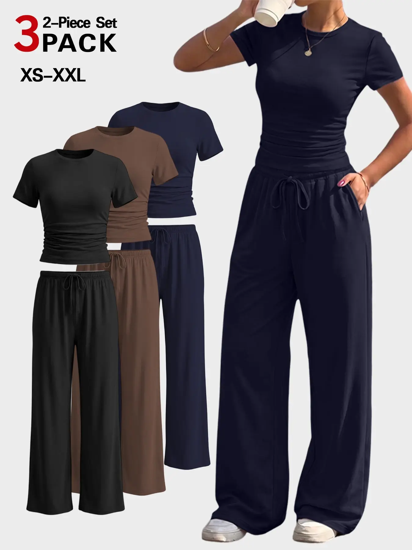 Trendy Casual Solid-Color Pleated Crew Neck Crop Top & Wide-Leg Trousers Set, Elastic Waistband, Pockets, Stretchy Fit, Multiple Sizes, Perfect for Dates