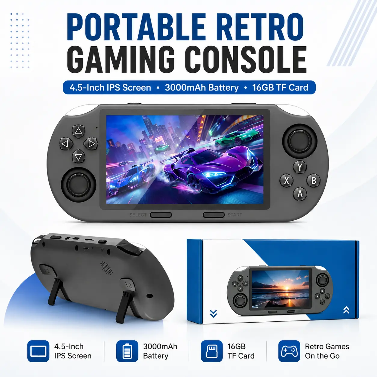 Portable Retro Handheld Gaming Console with 4.5-Inch IPS Screen, 3000mAh Rechargeable Battery and 16GB TF Card, Compact Mini Game Player for Travel, Daily Entertainment and Gamer Gifts