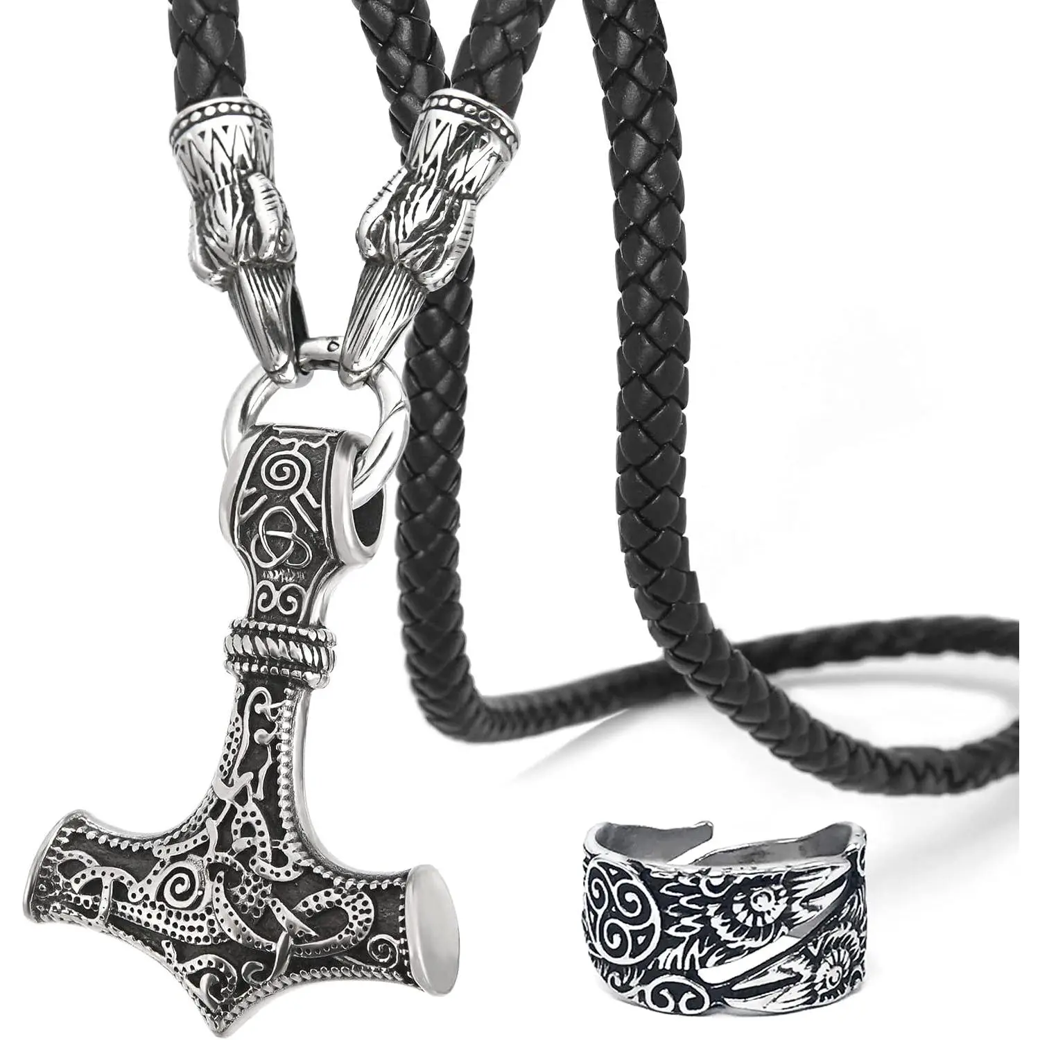 Mjolnir The Thor's Hammer Pendant with Raven  Leather Necklace Stainless Steel Norse Scandinavian Necklace Authentic