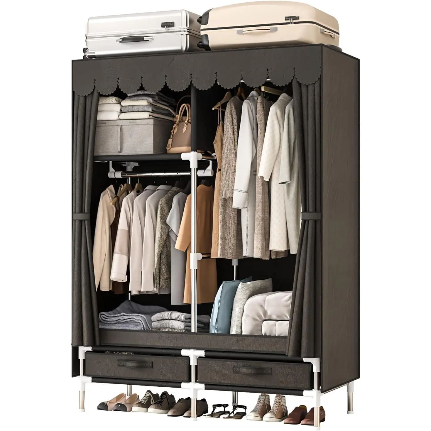 Portable Brown Bedroom Portable Wardrobe Closet, Small Storage Organizer with 2 Drawers 2 Hanging Rods, Includes Dust Cover, Size 39.3 in