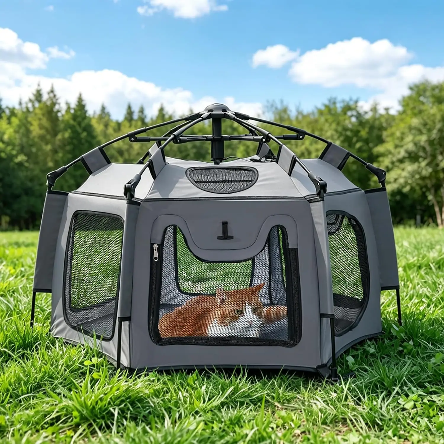 Medium Cat Catio Outdoor Cat Enclosure, 35.4" Pop-Up Catio for 1 Cat, Portable Cat Playpen Indoor Outdoor, Lightweight Travel Cat Tent with Sunshade, Foldable Cat Kennel for Balcony Camping