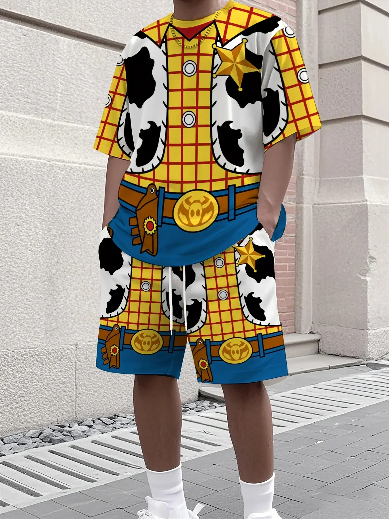 Men 2‑Piece Western Cowboy Graphic Outfit, Short Sleeve Crew Neck Tee & Drawstring Waist Pocket Shorts Set, Fun Cartoon Style Matching Set For Summer Party Daily Wear.