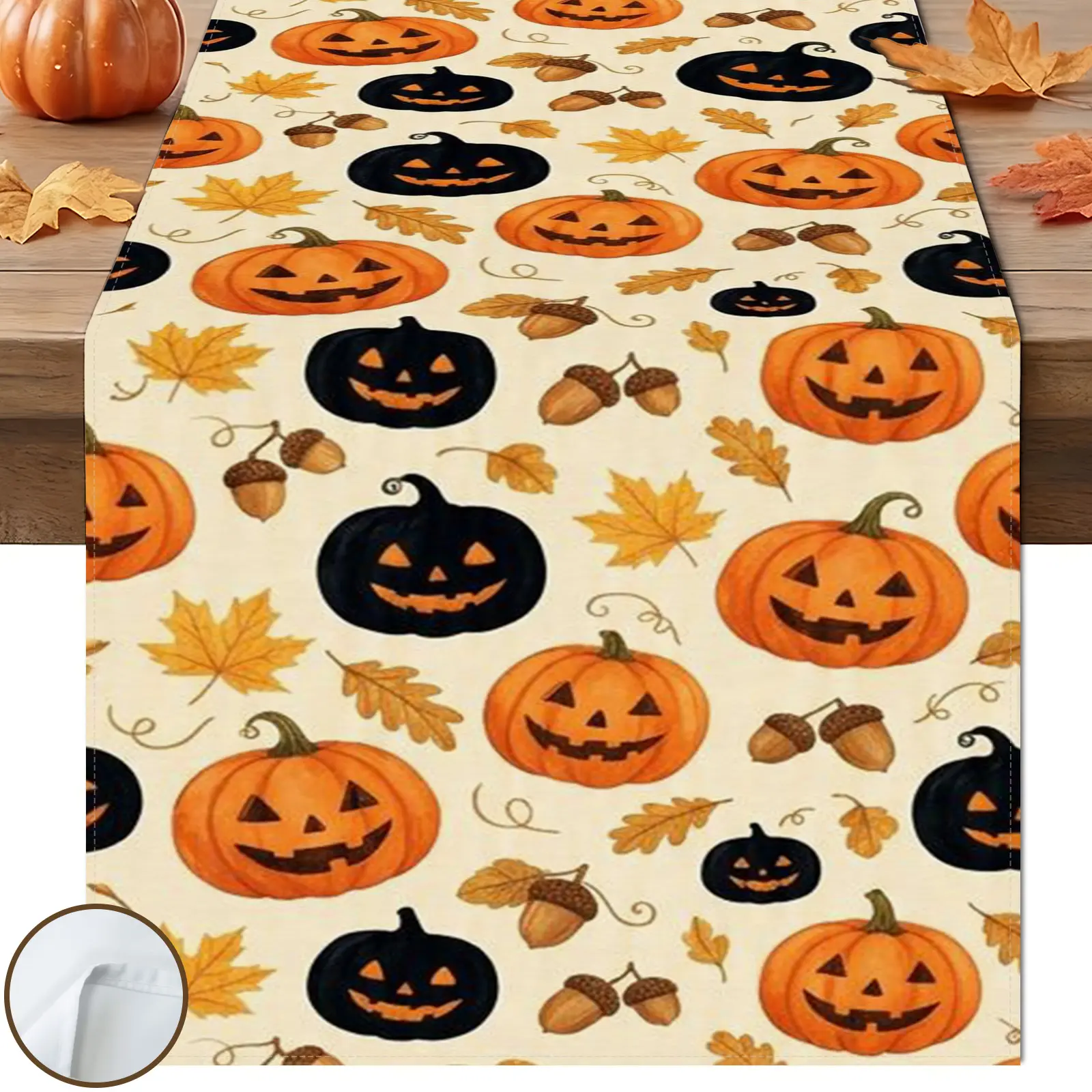 1pc Black White Jack-o'-lantern Table Runner, Halloween Cute Style, Beige Orange Black Jack-o'-lantern Wheat Acorn Maple Pattern, for Halloween Party Decor.