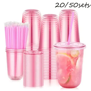 20/50 Sets 16oz Disposable Clear Plastic Cups with Lids and Straws, Transparent Ice Coffee Cups, Portable Round Bottom, Ideal for Cold Drinks, Smoothies, Shakes, Valentine's Day Party Supplies