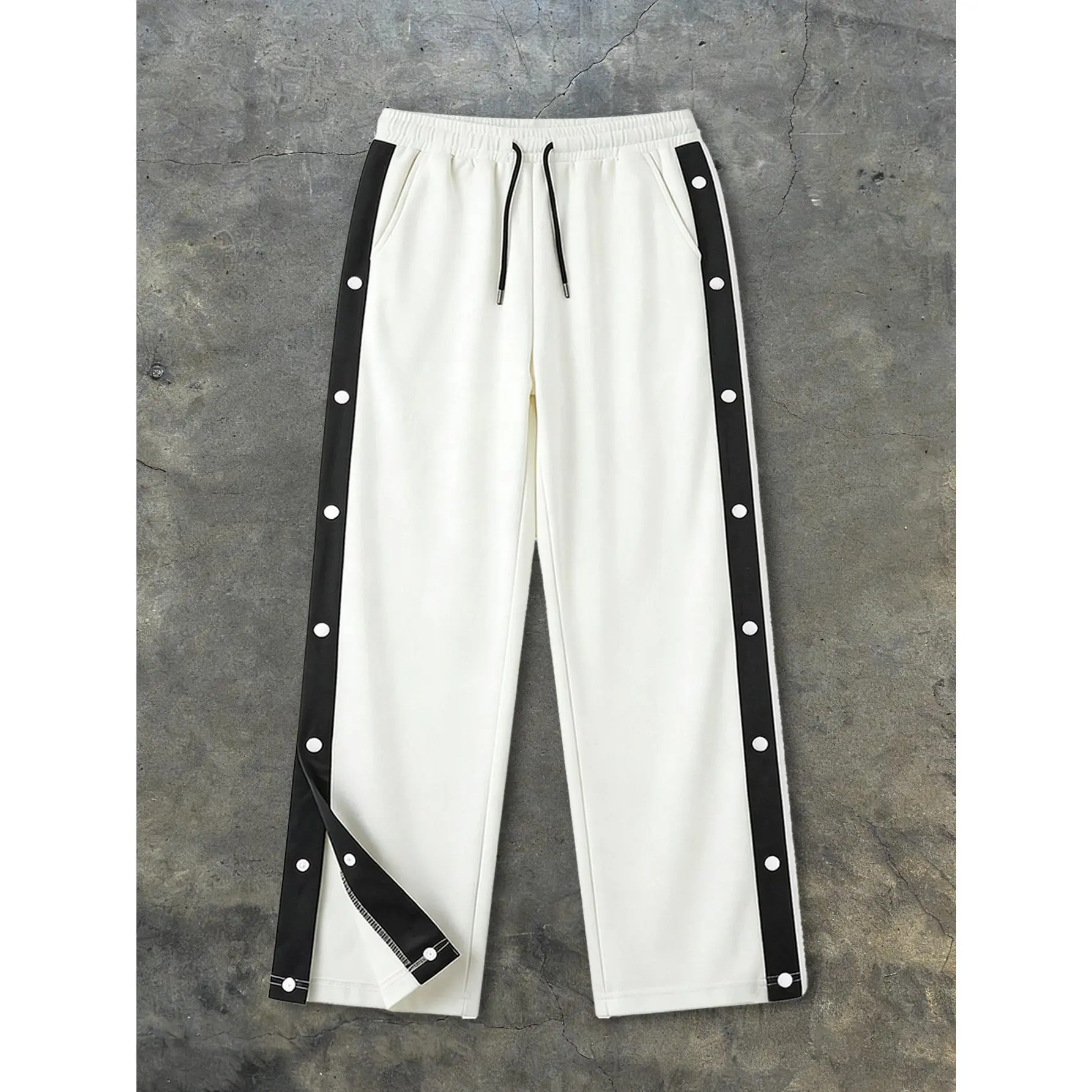 Men's Tear Away Track Pants with Side Snap Buttons, Sweatpants with Contrast Stripes, Straight Leg Joggers with Drawstring and Elastic Waistband, Athletic Basketball Warmup Activewear, Casual Y2K Streetwear, Relaxed Fit Lounge Trousers, Trendy Menswear, D