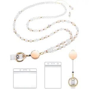 Retractable Lanyards for ID Badges and Cruise Ship Cards, Beaded Teacher Lanyards with ID Holder for Women, Cute Lanyard for  (Transparent White)