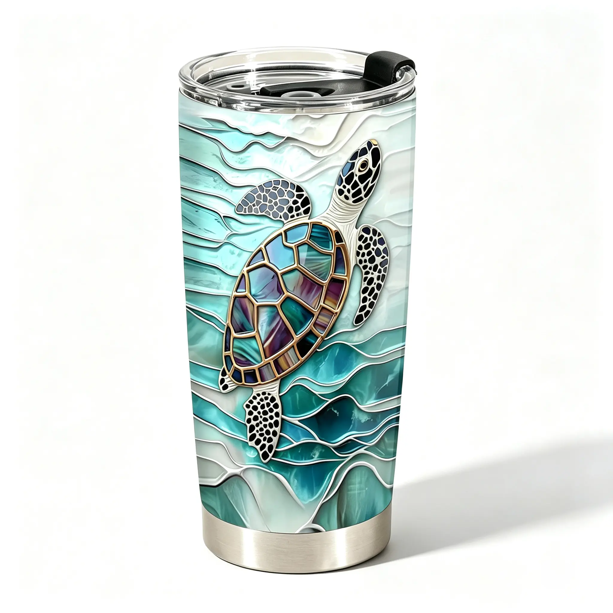 Stained Glass Sea Turtle Ocean Scene Stainless Steel Insulated Tumbler, Ocean Animal Leakproof Travel Cup, Friend Gift for All Occasions