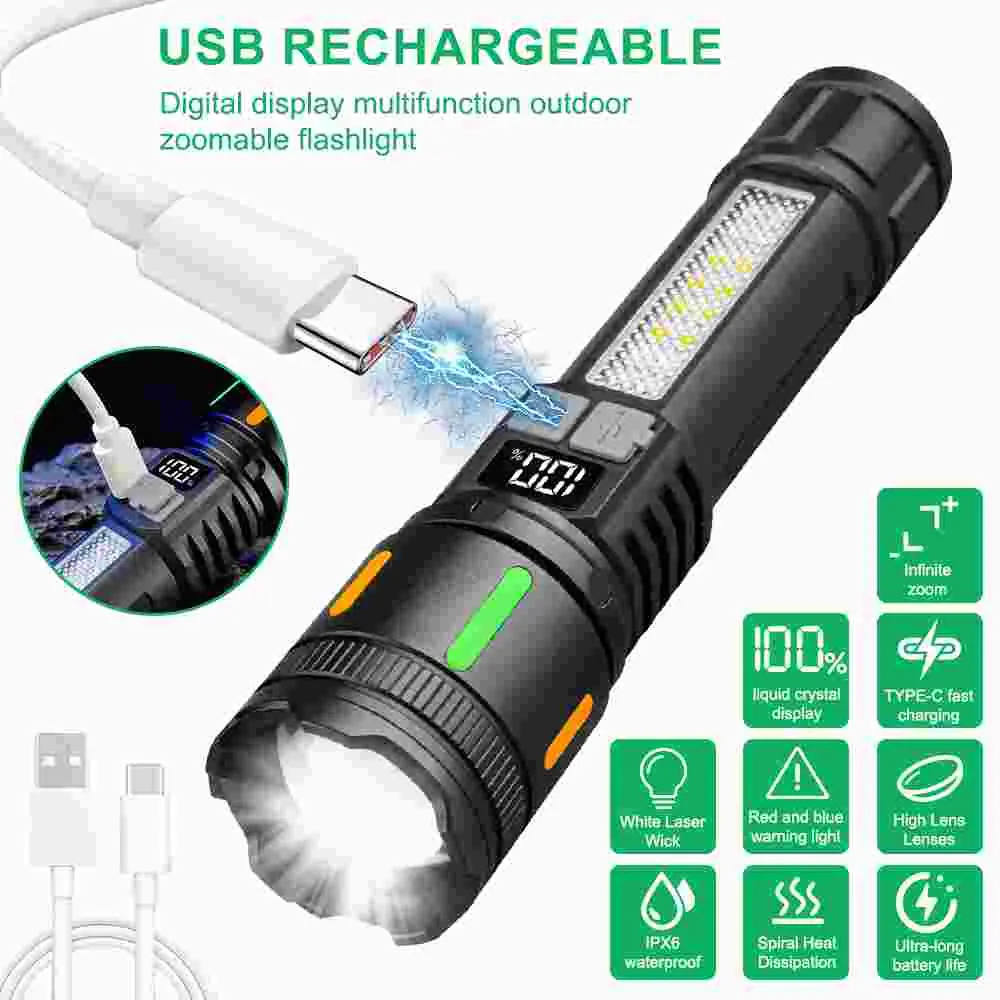 Rugged Rechargeable LED Spotlight Torch - COB Side Light, 5 Brightness Modes, Type-C Charging, IPX6 Waterproof Compact Flashlight with Pocket Clip for Camping, Outdoor Accessories