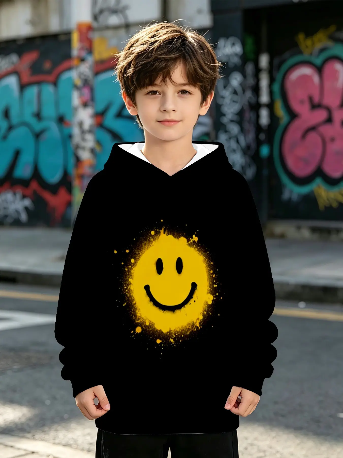 Base Ink Splatter Smile Kids Hoodie, Streetwear Sweatshirt, Long Sleeve Loose Fit, Fall & Winter Casual Outer Vest