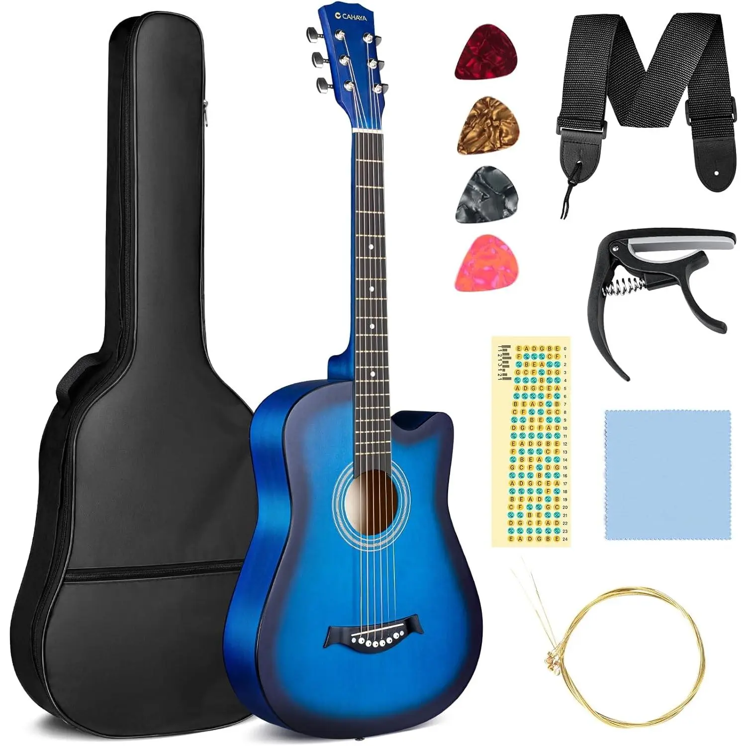 Acoustic Guitar: For Beginner 38 Inch Cutaway   Guitar Starter Kit for  Teenager Adults with Guitar bag, Brass strings, Capo, String Pick, Scale Stickers and Cloth CY0354