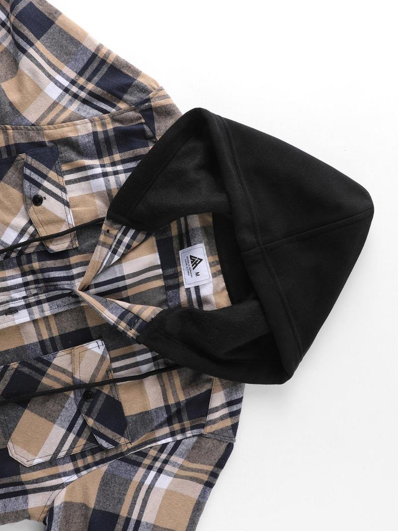 【Plus Size】 Plaid Print Button Front Hooded Shirt, Casual Regular Fit Long Sleeve Top for Daily Outdoor Wear, Men's Clothes for All Seasons