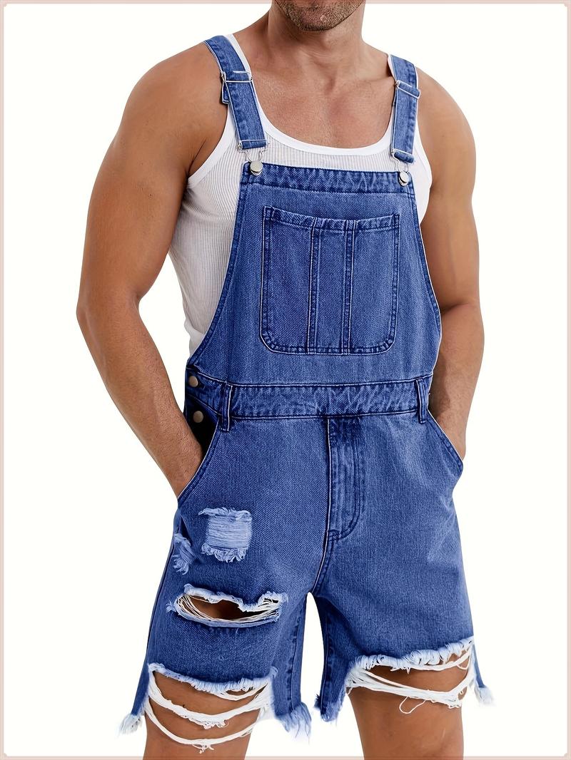 Runcati Men's denim shorts bib overall jean romper, offering a casual loose fit with buttoned pockets, perfect for summer wear as a comfortable and stylish jumpsuit.