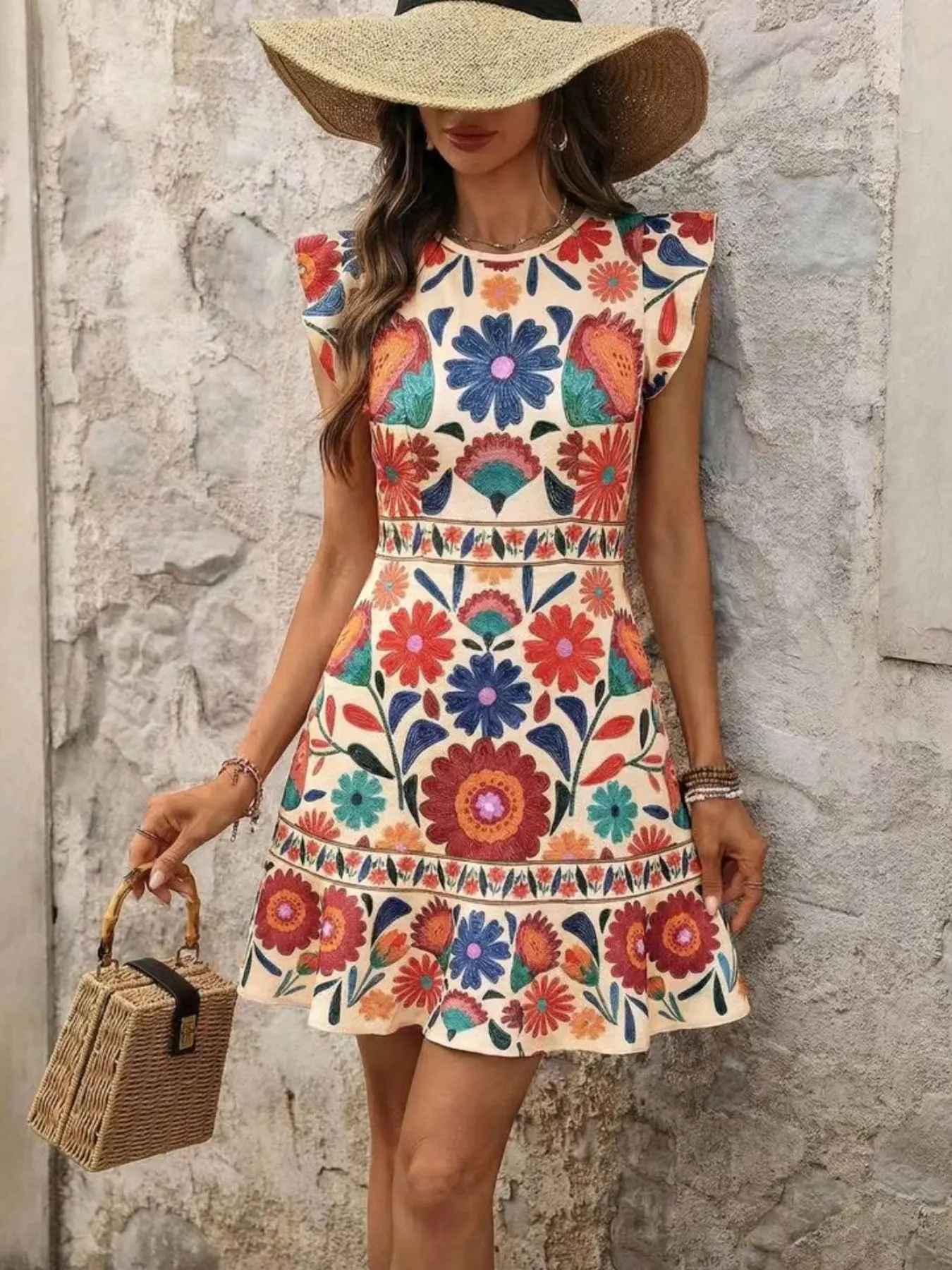 Women's A-Line Dress with Ruffled Sleeves and Waist, Summer Evening Gown, Casual Holiday Dress, Floral Print, Sy2018 Collection