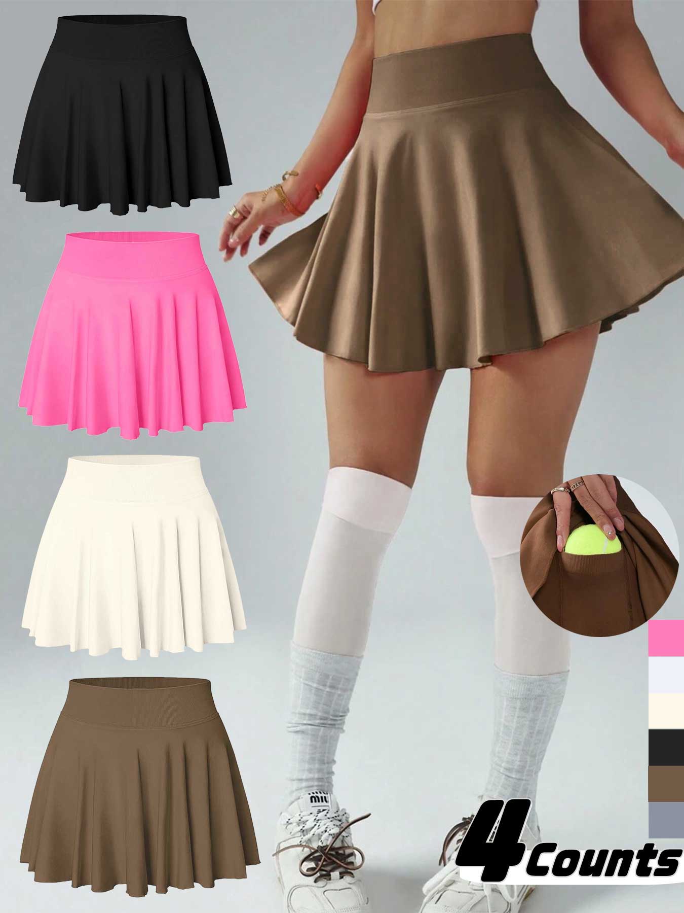 Women's Solid Color Pleated Skort, Sporty Casual Pocket Skort for Tennis Yoga Gym, Ladies Sportswear for Spring & Fall, Womenswear, Tennis Skorts, Athletic Skort