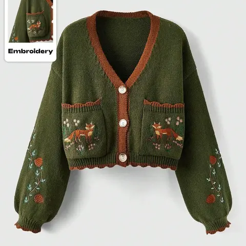 Women’s V-Neck Button-Front Loose Knit Cardigan with Fox Embroidery and Pockets, Casual Cropped Sweater for Fall and Winter, Fashion Knitwear, Outerwear
