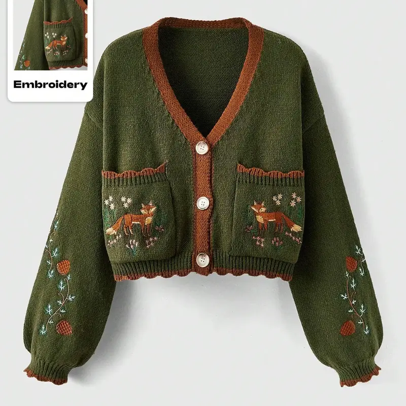 Women’s V-Neck Button-Front Loose Knit Cardigan with Fox Embroidery and Pockets, Casual Cropped Sweater for Fall and Winter, Fashion Knitwear, Outerwear