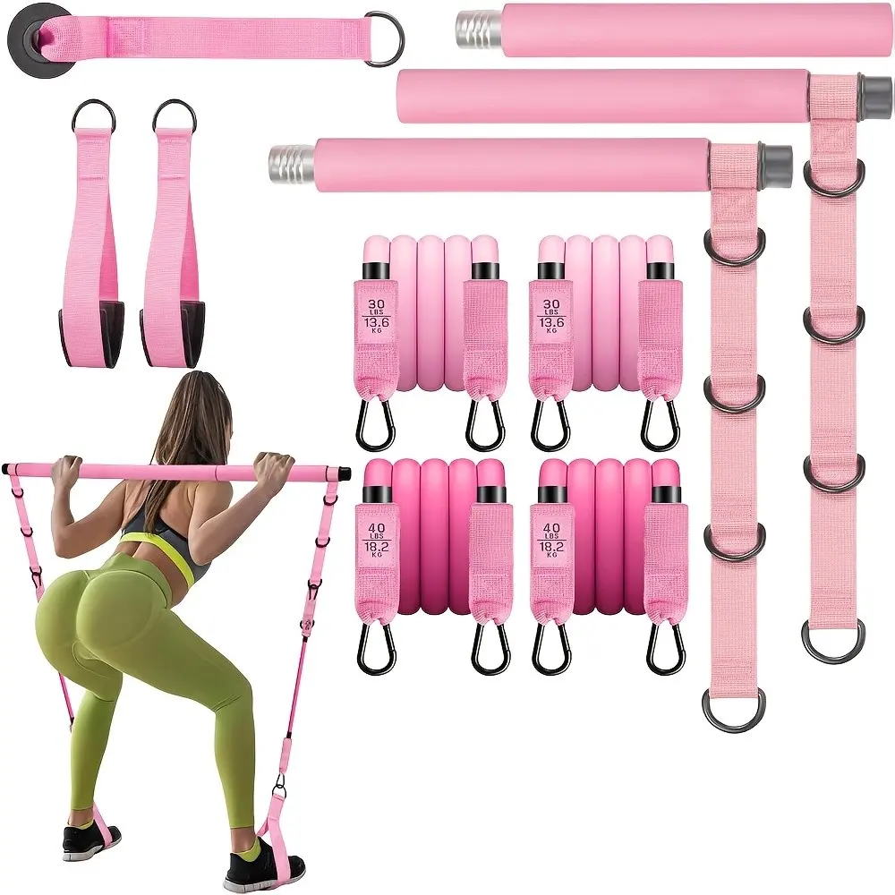 Adjustable Pilates Bar Set for Men and Women, 3-Section Rod for Squats, Yoga, Fitness Training, Resistance Bands Included, Pilates Kit