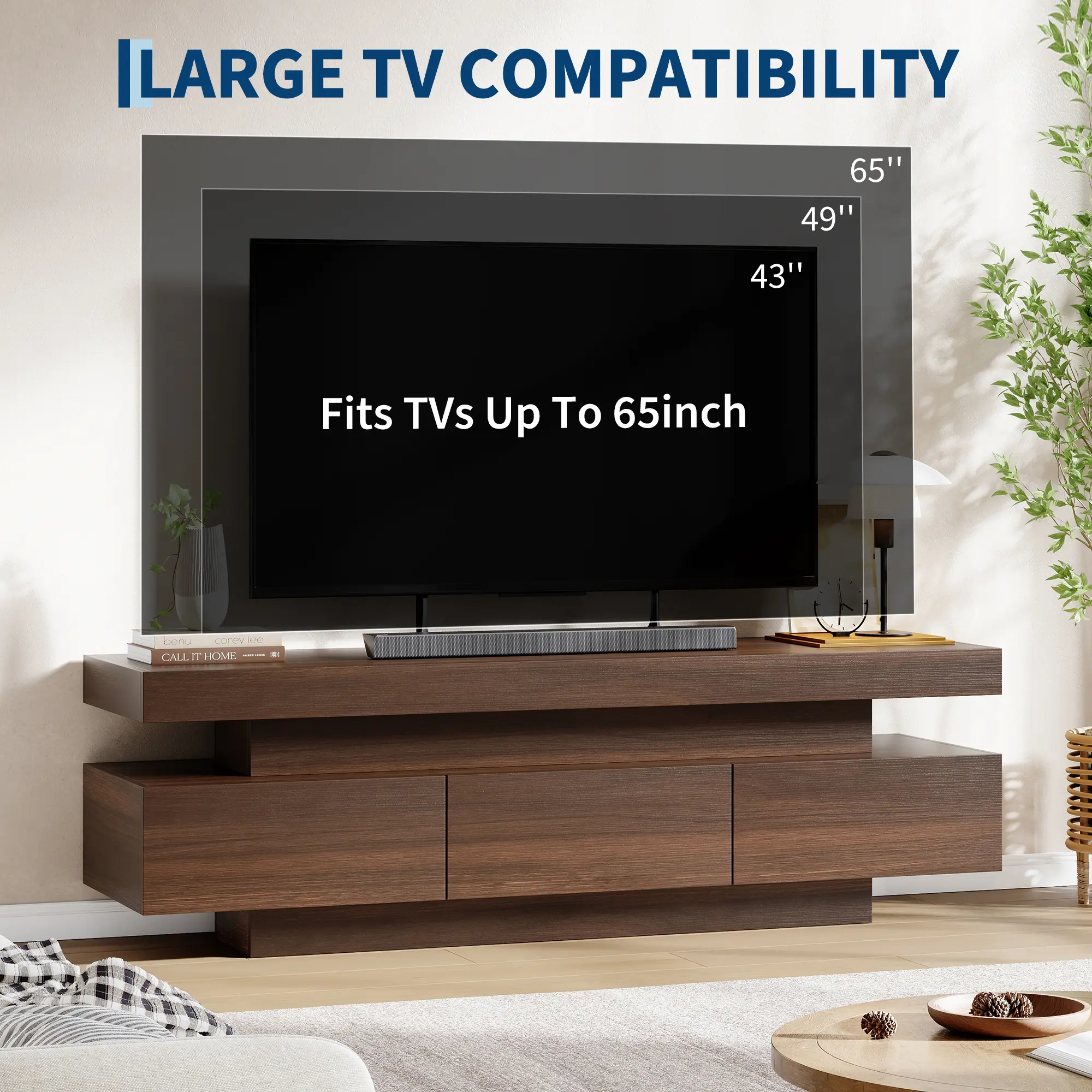 TV Stand for 65 Inch TV, Black | Mid Century Modern TV Console with storage, Minimalist Entertainment Center with Large Drawer, for Living Room